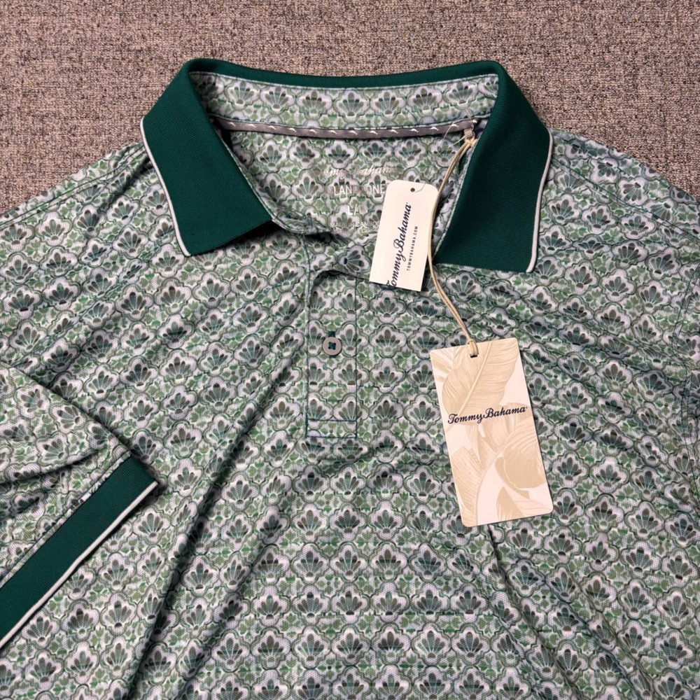 Tommy Bahama Polo Shirt Men L IslandZone Green Geometric Fan Print Short Sleeve